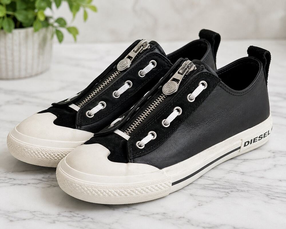 Diesel S-Astico Lzip Y02565 Mens 9.5 Blk Leather Suede Zip Sneakers Hard to Find